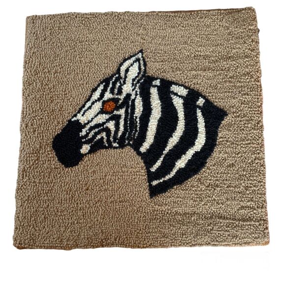 Vintage MCM Zebra Carpet Tufted Rug Wall Art Wood Frame 22 In 70s Animal Art - Picture 1 of 11
